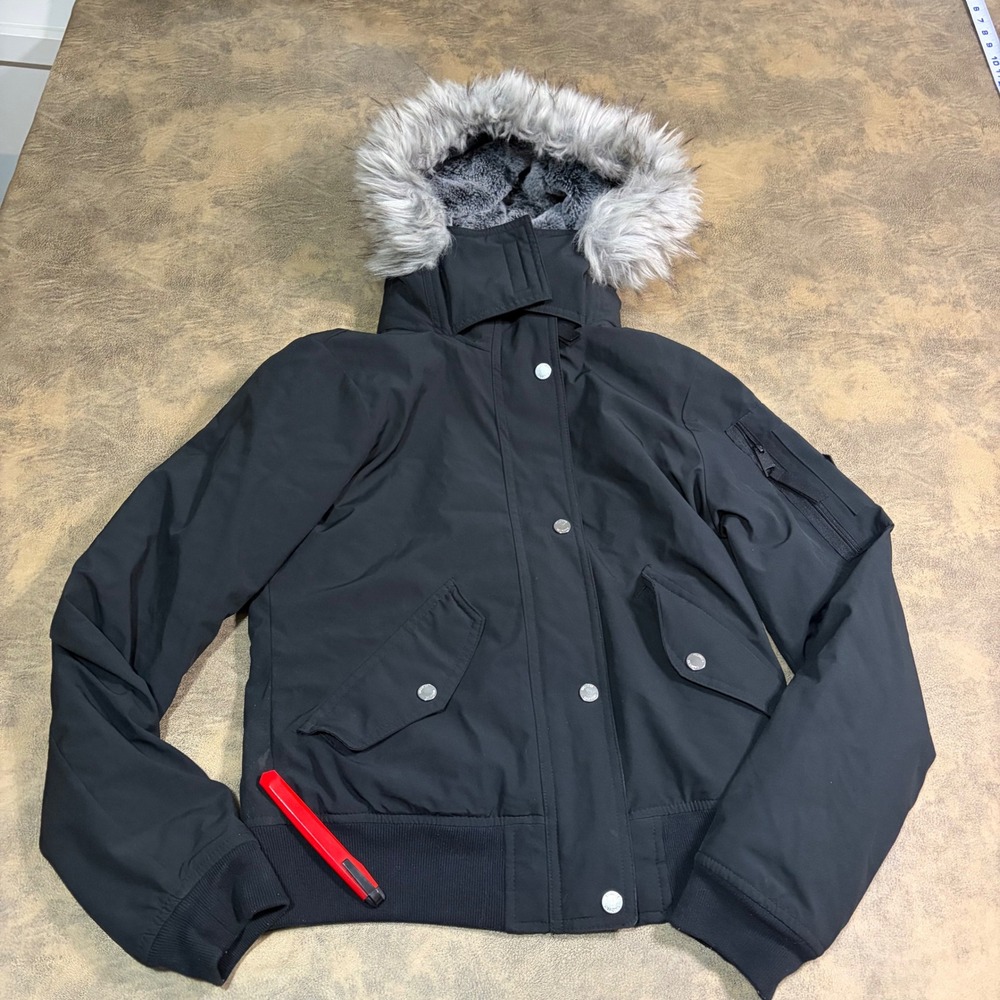 Hollister Jacket Womens XS Black All-Weather Faux Fur Hood Hooded Coat